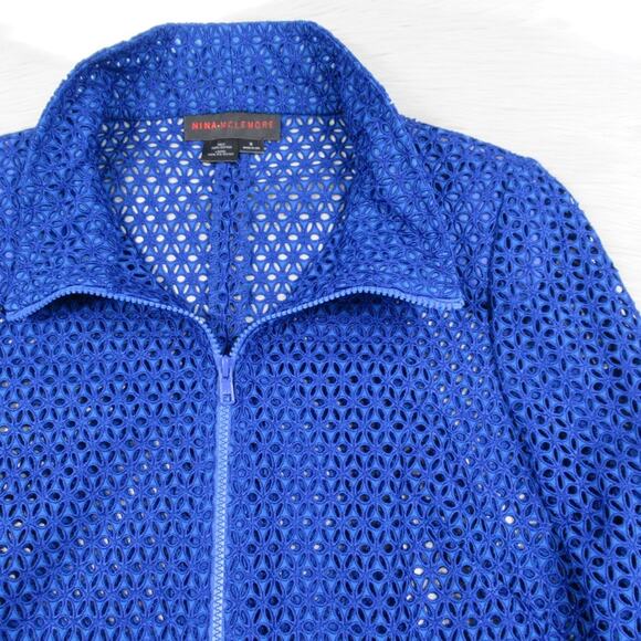 NINA MCLEMORE Blue Floral Eyelet Zip Front Sheer Jacket Women’s Size Small - Picture 9 of 13